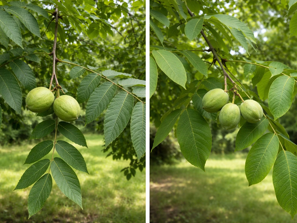 Close-up of black and English walnut branches showing leaves and hanging green nuts side by side.