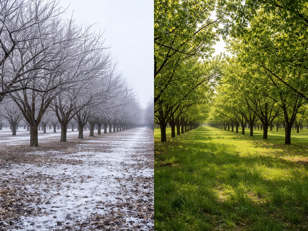 Split view of a chilly winter orchard and a warmer spring orchard with trees thriving