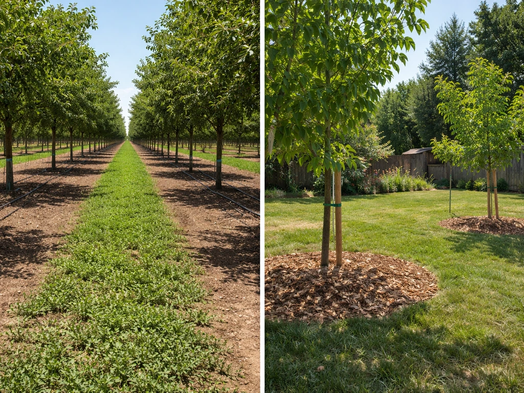 Split-scene photo showing a California-style walnut orchard rows contrasted with a small home garden walnut planting