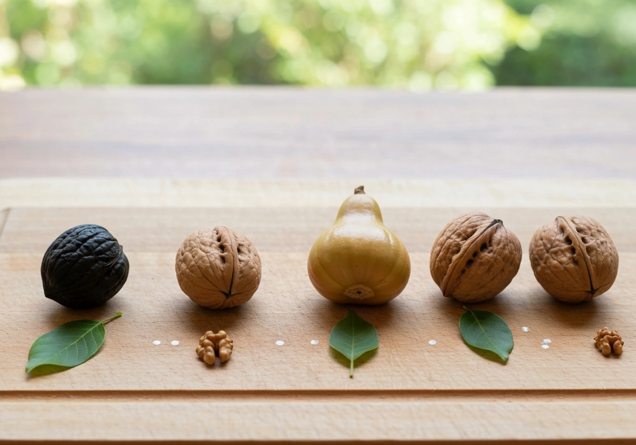 Wooden board with four walnut types shown by nuts and small leaf sprigs, softly lit and uncluttered.