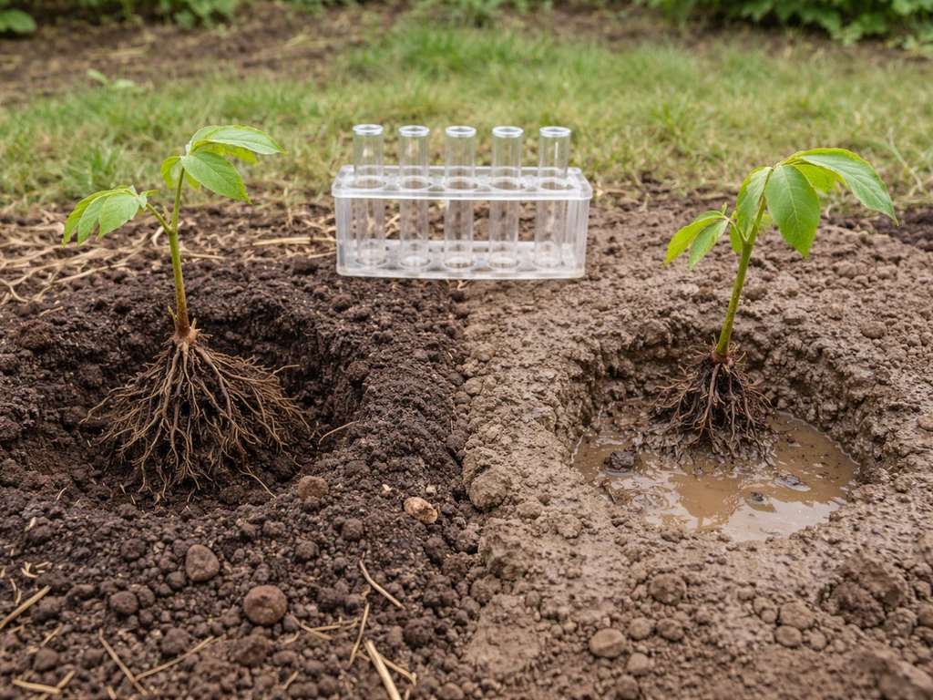 Two adjacent soil sections show well-drained vs poorly drained ground with a small walnut seedling.