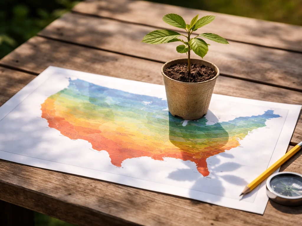 Outdoor gardening table with a simple climate-zone map bands and a small walnut sapling beside it.
