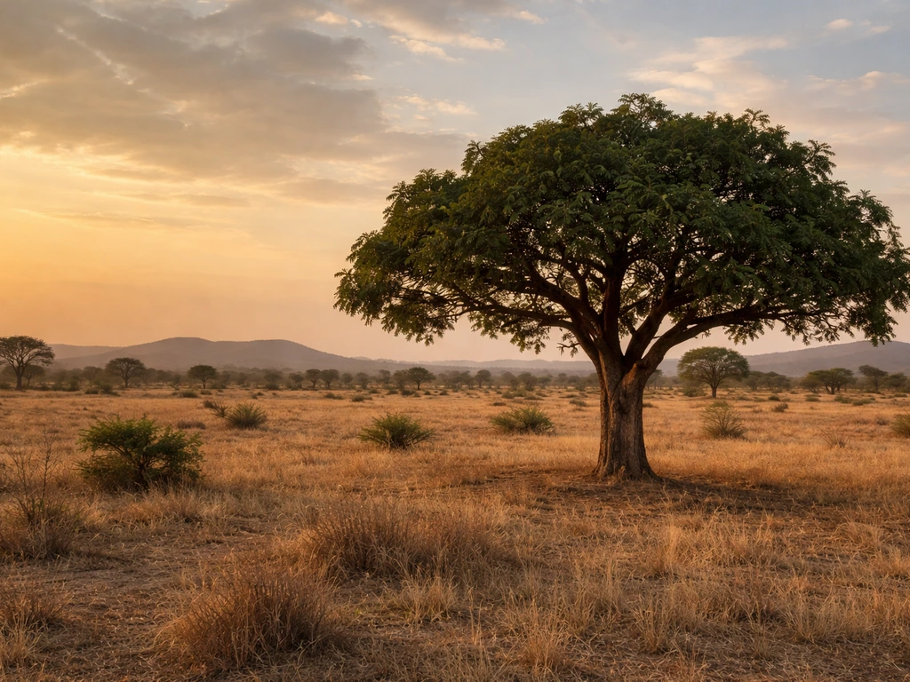 African savanna landscape with a lone shea tree in the foreground at golden hour.