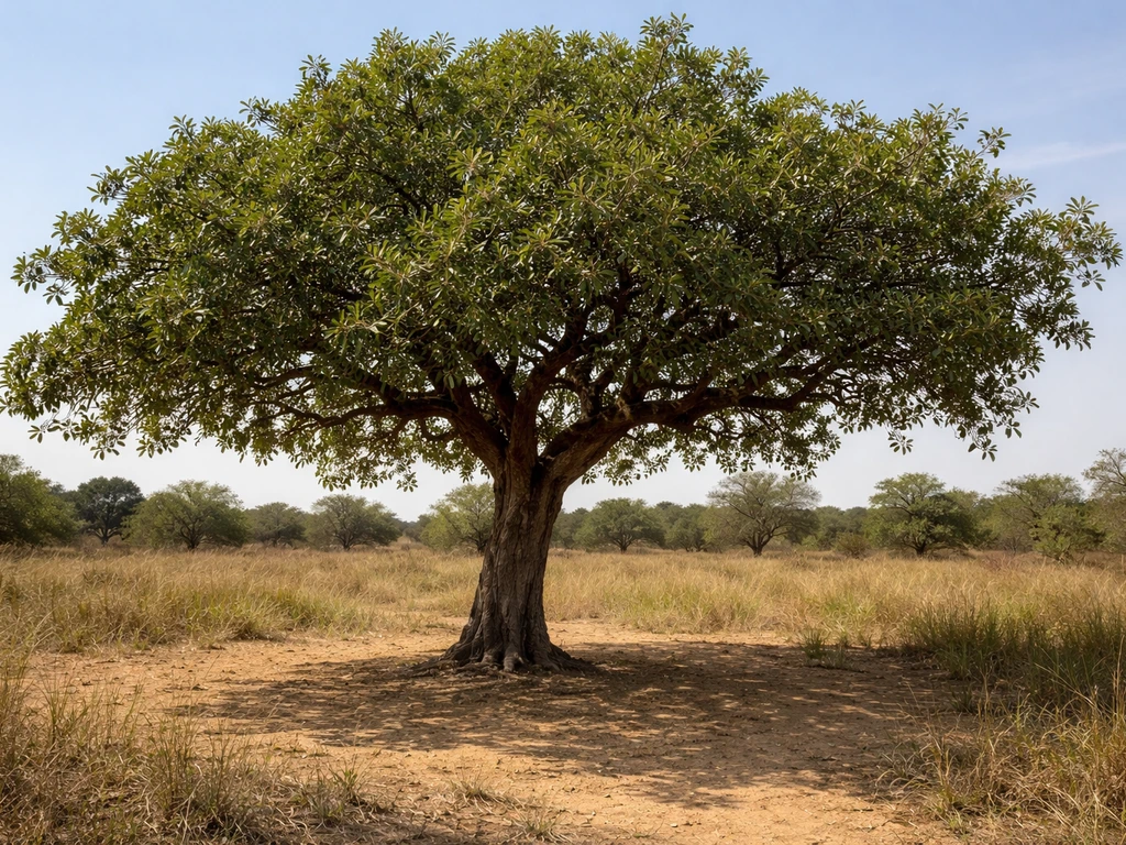 A lone shea tree in a sunlit savanna, highlighting its trunk and broad canopy.