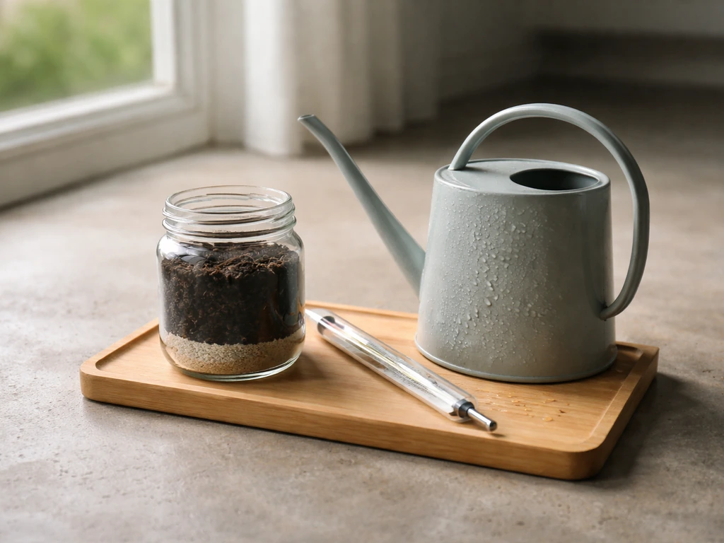 Minimal still life of a soil sample and thermometer beside a watering can in warm light