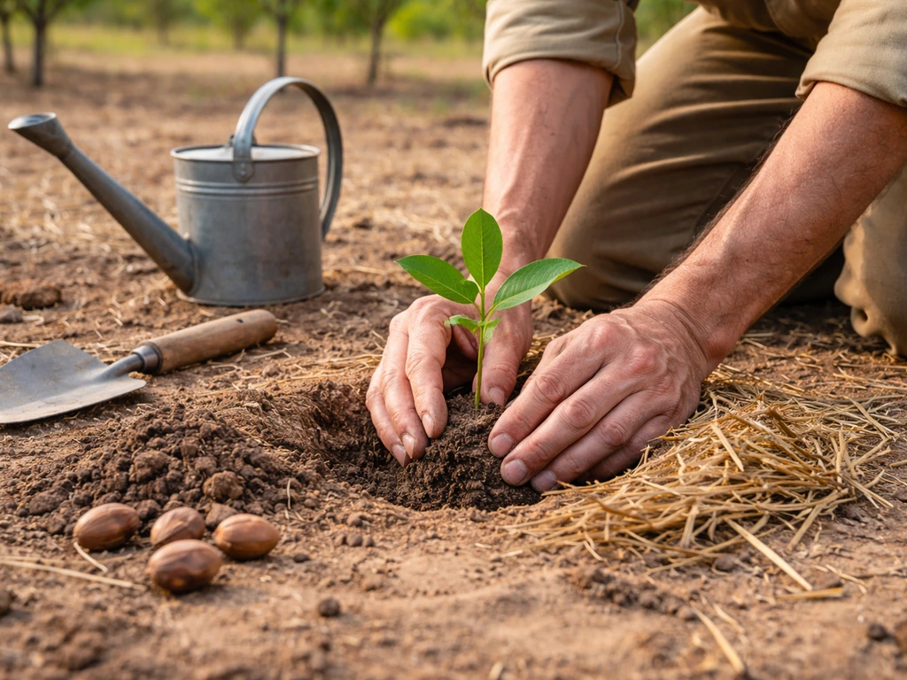 Hands placing a small shea seedling into a prepared hole in sandy soil with protective mulch