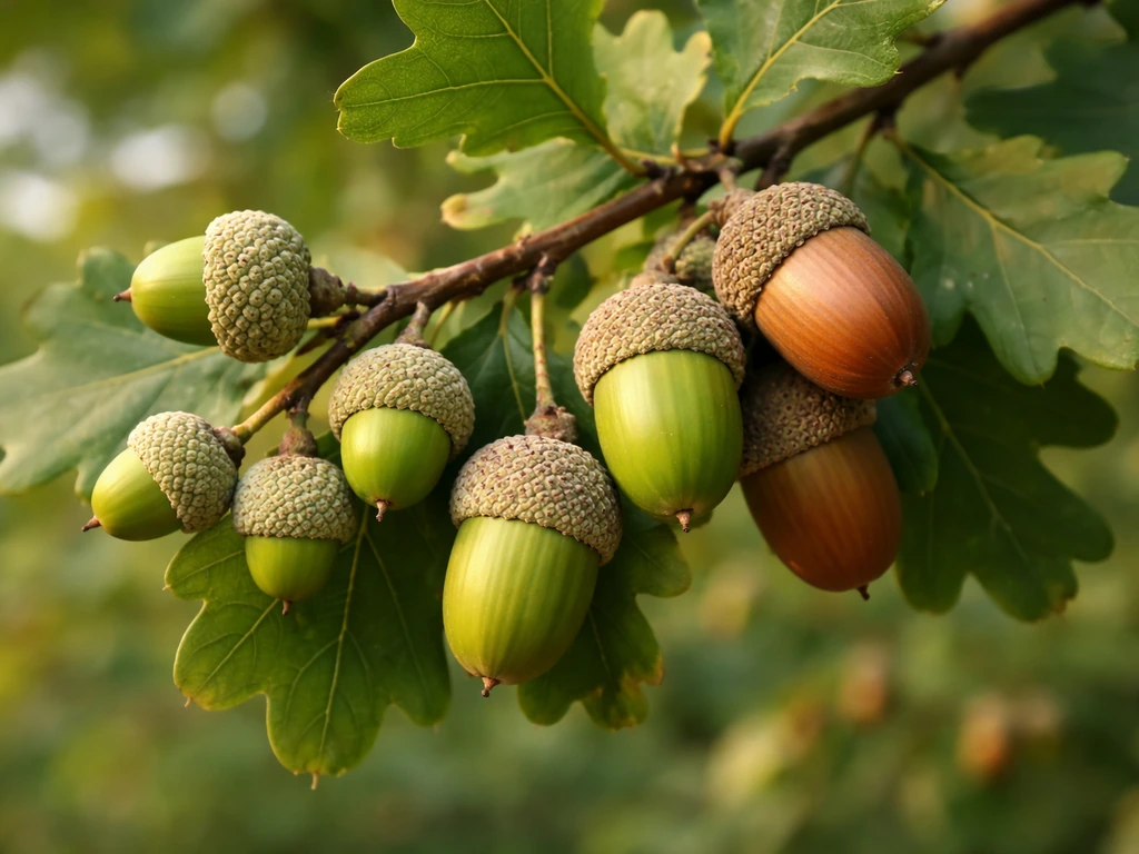 Close-up of an oak branch showing acorns in green and tan/brown stages of growth.