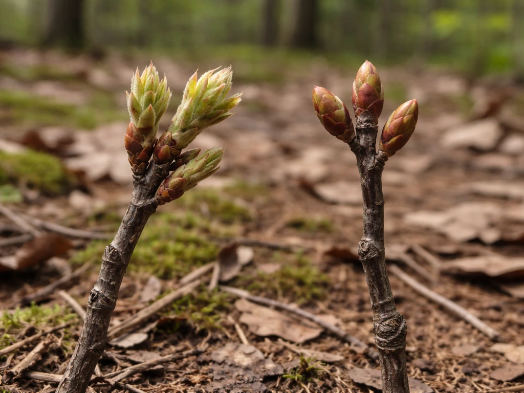 Side-by-side oak branches on forest floor showing white oak leaves further along than red oak buds.