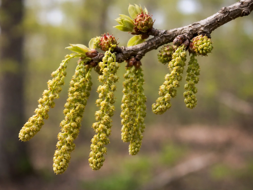 Oak branch close-up showing male catkins and tiny emerging female nutlets in early spring.