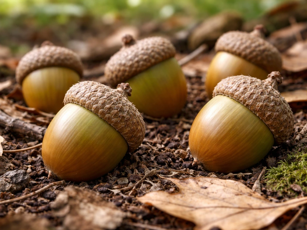 Close-up of summer-stage oak acorns with caps covering part of the nut on forest ground.