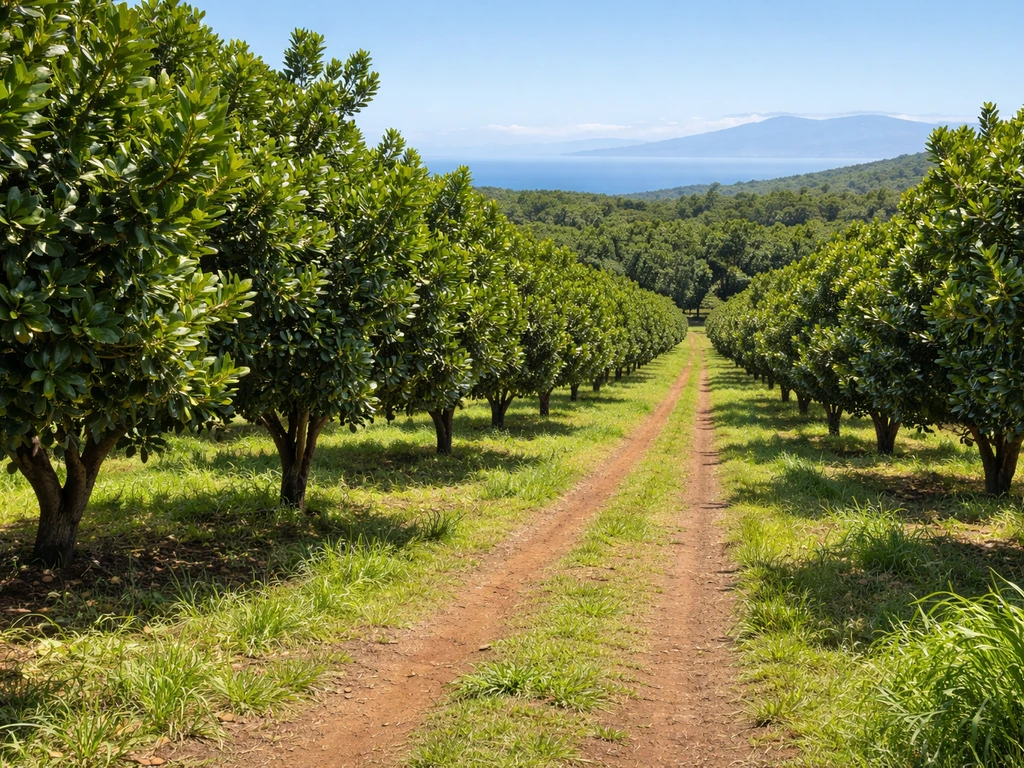 Lush macadamia orchard on Hawaii’s Big Island with trees and developing nuts under clear natural light.