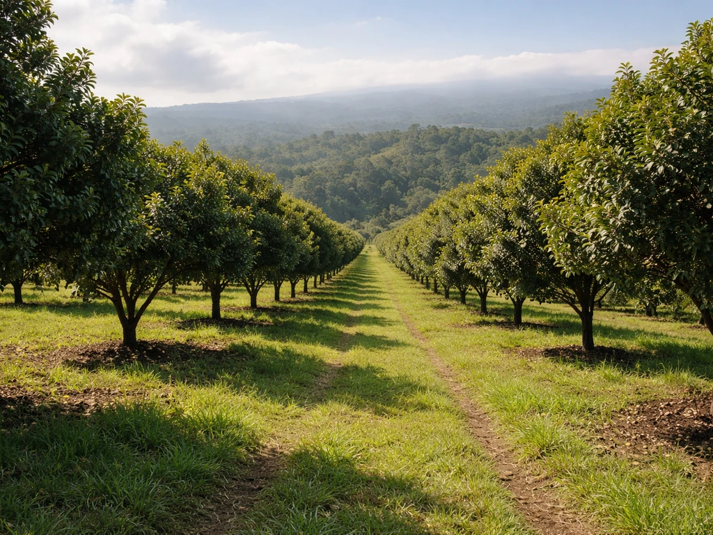 Wide view of lush macadamia orchard rows on Hawaii’s Big Island hills, with tropical trees and clear sky.