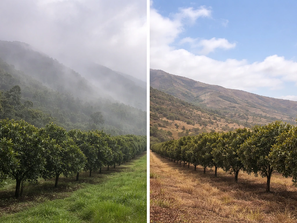 Split view of misty windward hillside with rain versus drier leeward slope with macadamia trees.