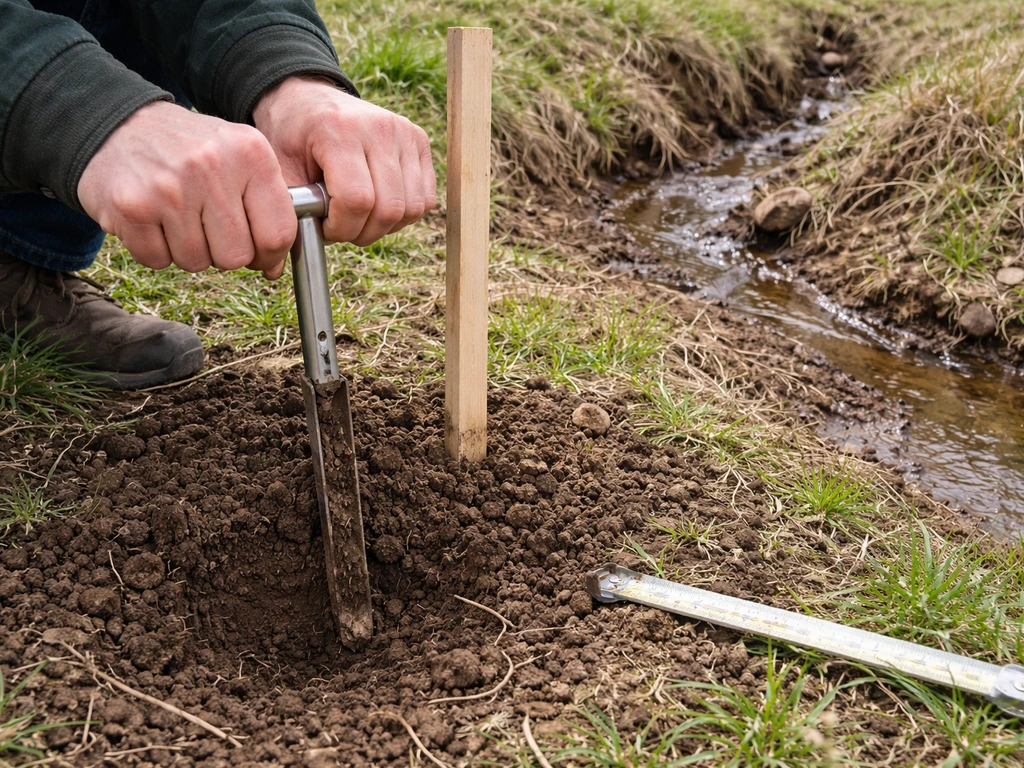 Hands measuring soil depth and checking drainage at a prospective planting spot in natural ground.