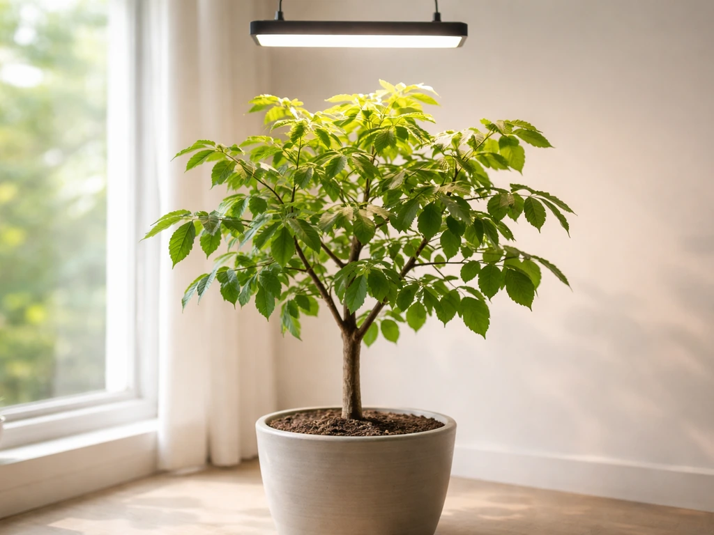 Potted dwarf nut tree under a grow light in a bright room, healthy leaves and compact pot