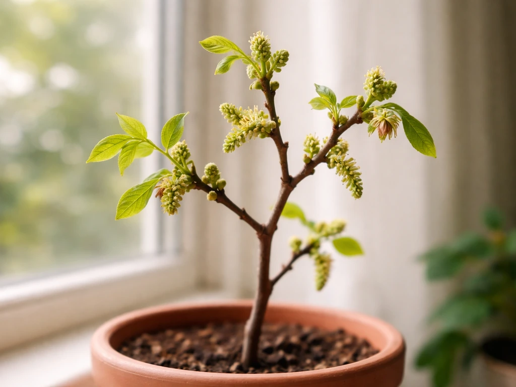 Close-up of a young indoor walnut/pecan sapling in a pot showing buds and early blossoms by a window.