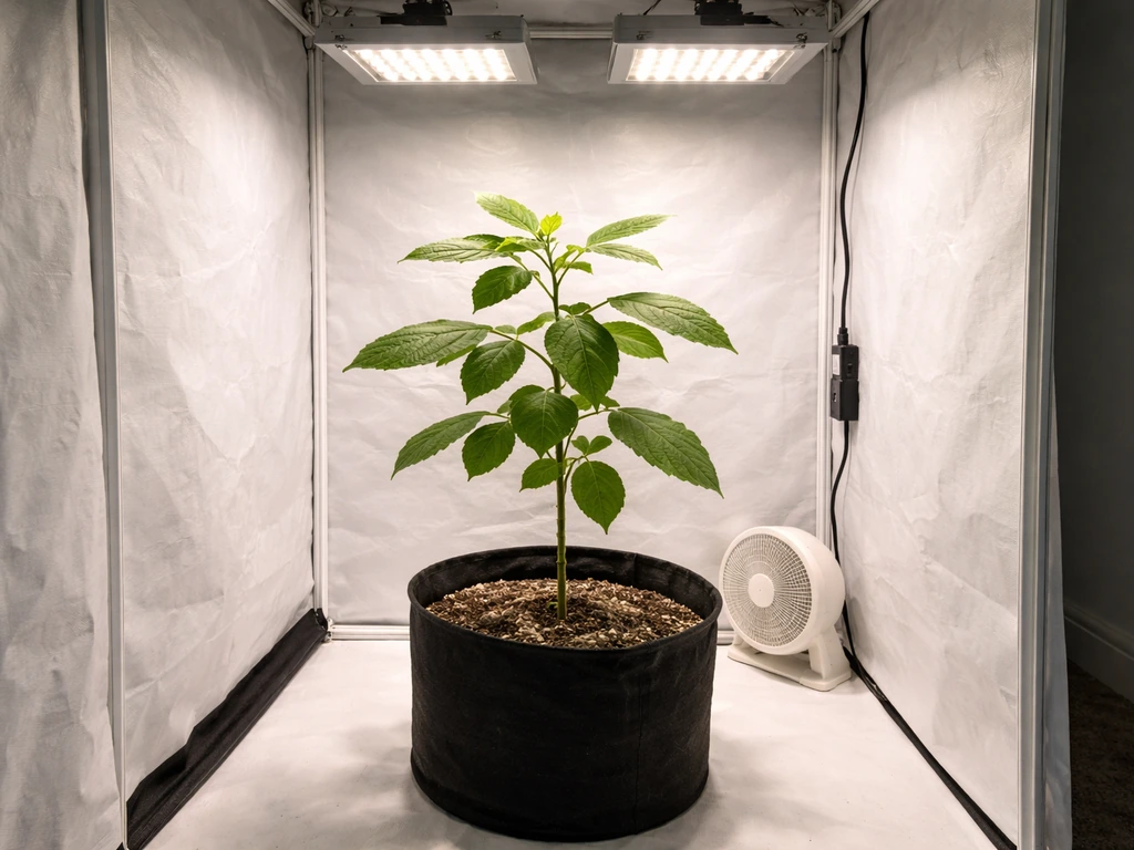 Young nut tree in a grow tent under bright LED lights indoors for full-sun conditions.