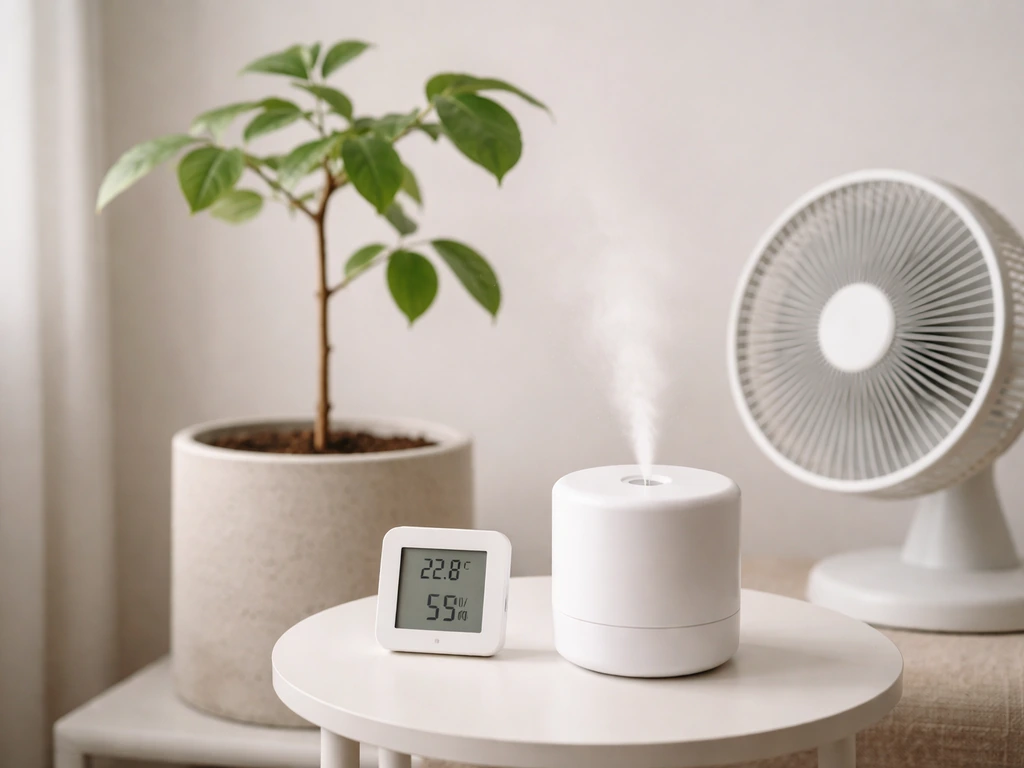 Potted nut tree with a running humidifier, small hygrometer, and gentle fan circulating air indoors.