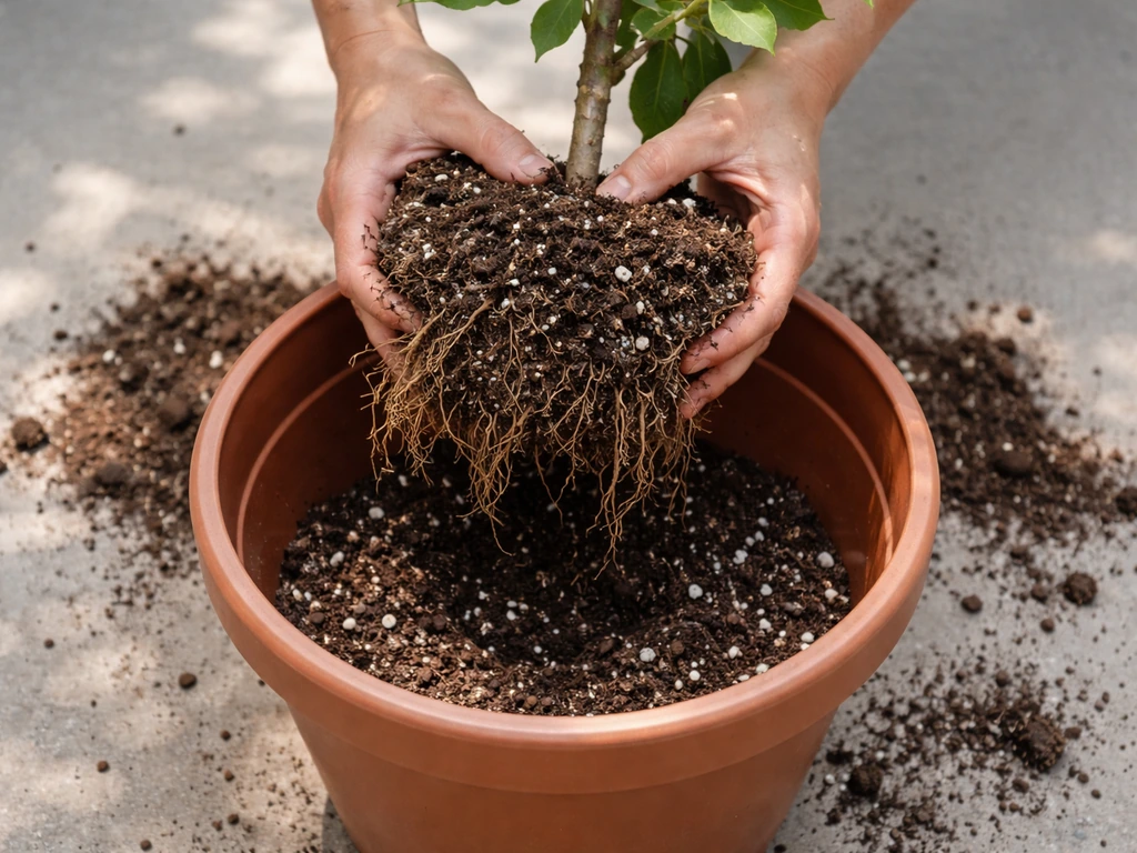 Top-down view repotting a nut tree into a larger pot with roots exposed and drainage holes visible