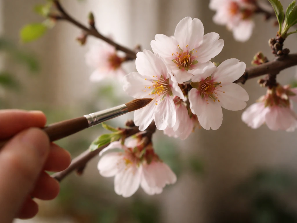 Close-up of small indoor nut tree blossoms being hand-pollinated with a soft brush.
