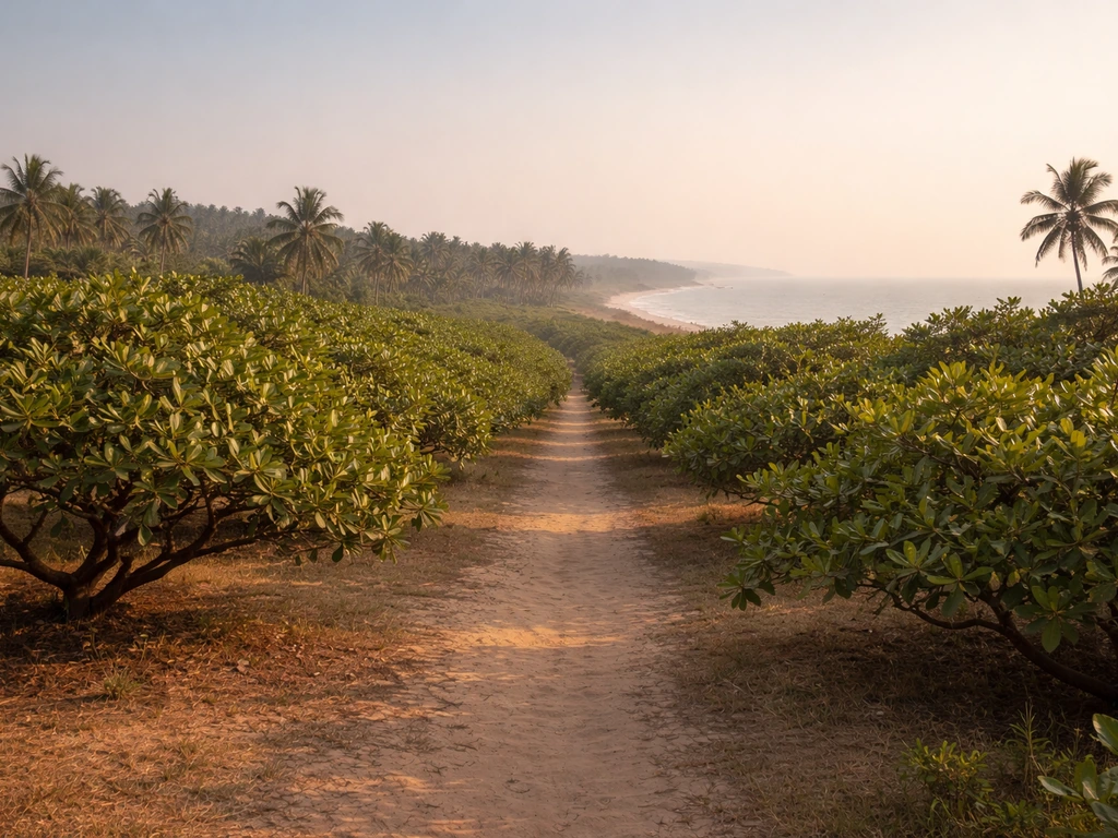 Cashew orchard on India’s coastal belt with warm sunlight, cashew trees, and distant hazy coastline.