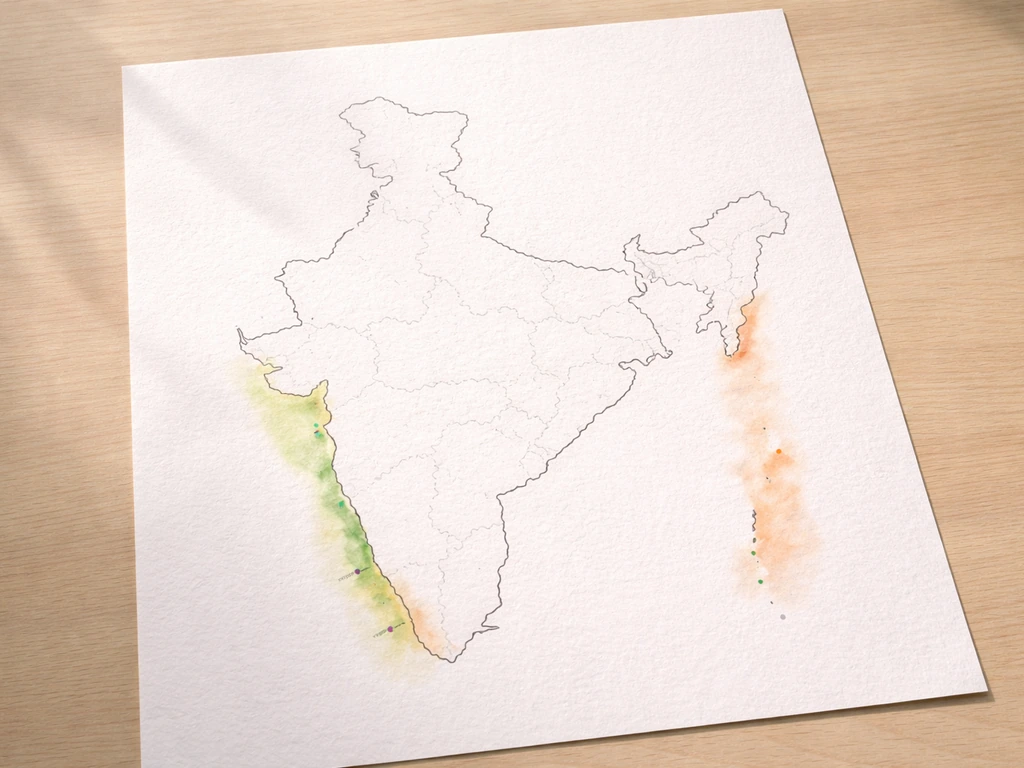 Minimal map-like view of India highlighting two coastal cashew belts, with a few district dots.