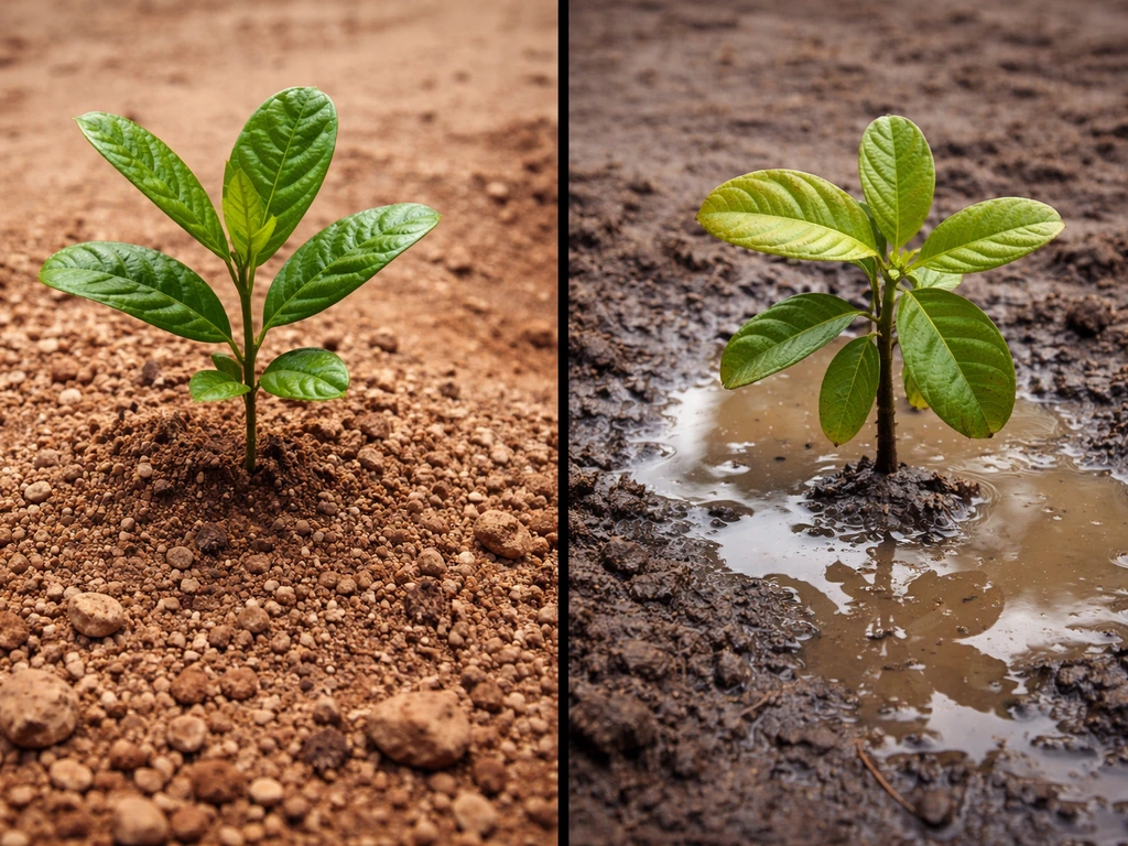 Close-up soil comparison: red sandy loam dries on one side, waterlogged muddy soil puddles on the other.
