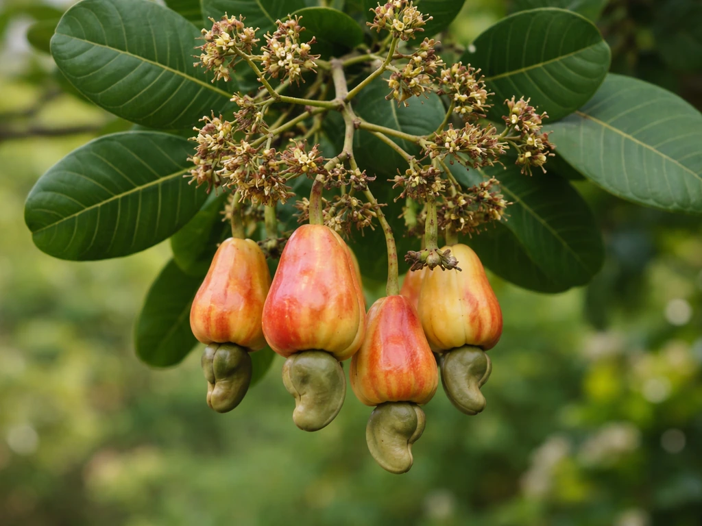 Cashew tree branch with flowers, young cashew apples, and developing nuts in natural light.
