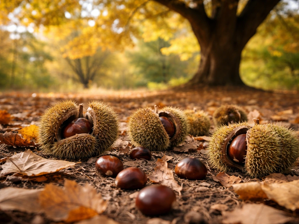 Chestnut burrs and chestnuts on an autumn forest floor under a mature chestnut tree.