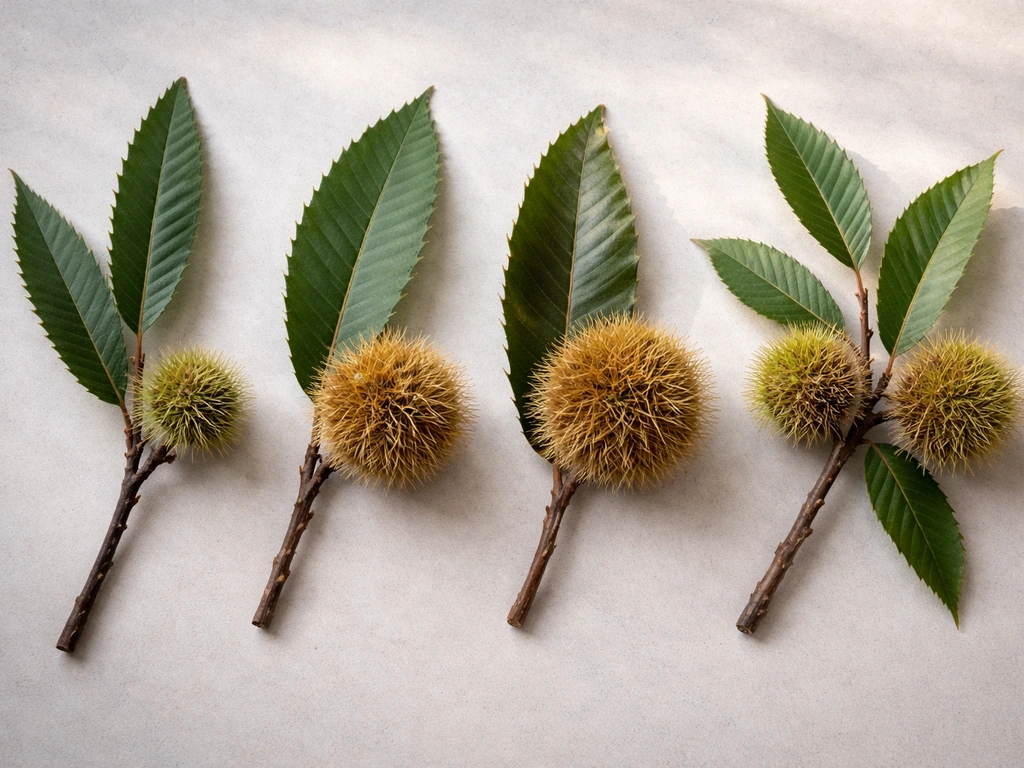 Minimal photo showing four chestnut leaf-and-burr close-ups on a neutral tabletop, side by side.