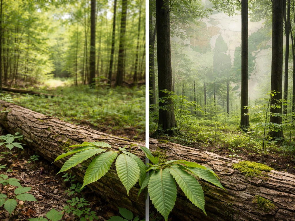 Minimal photo of a chestnut tree trunk and leaf in a forest beside a simple map-like backdrop, no text