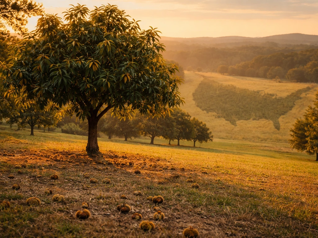 Chestnut tree in a US orchard with a subtle shadow-like hint of a map shape in the background