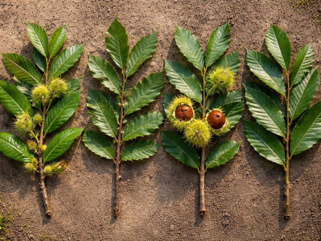 Side-by-side close-ups of four distinct chestnut branches and burrs on soil, representing options for Wisconsin.