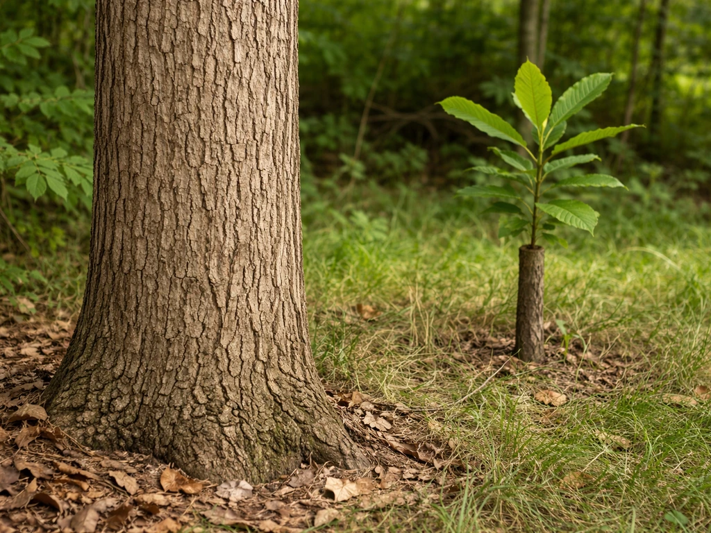 Close view of two chestnut trees side-by-side: an American chestnut trunk and a nearby hybrid seedling