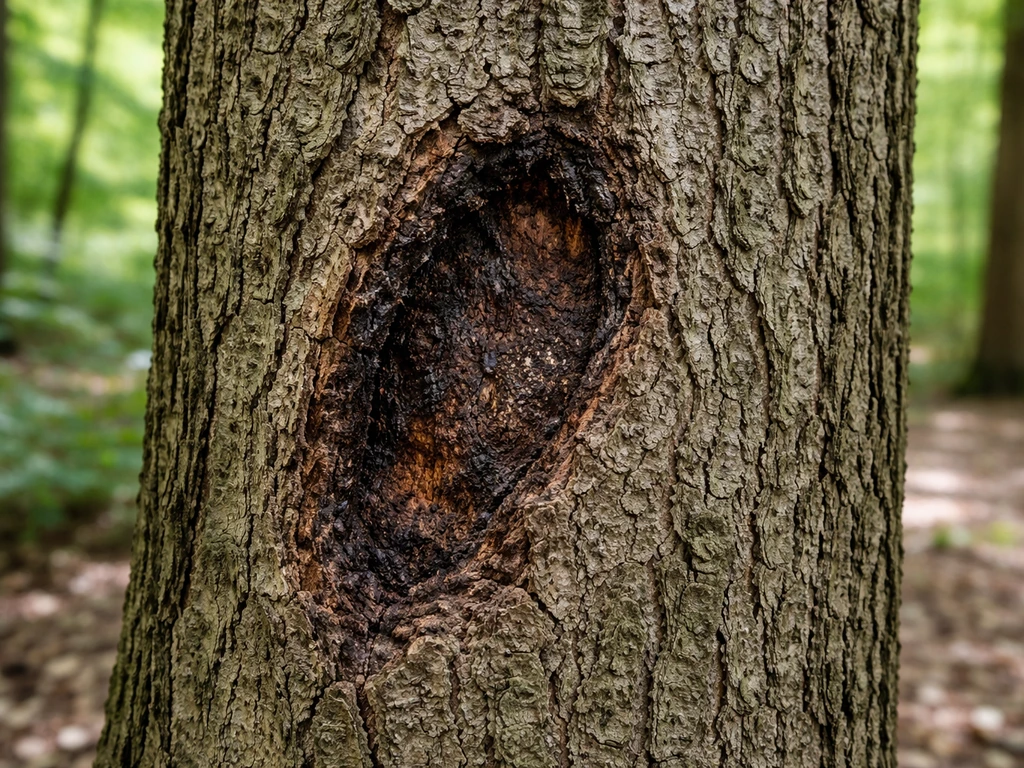 Close-up of chestnut trunk bark showing a sunken blight canker with healthy bark around it.