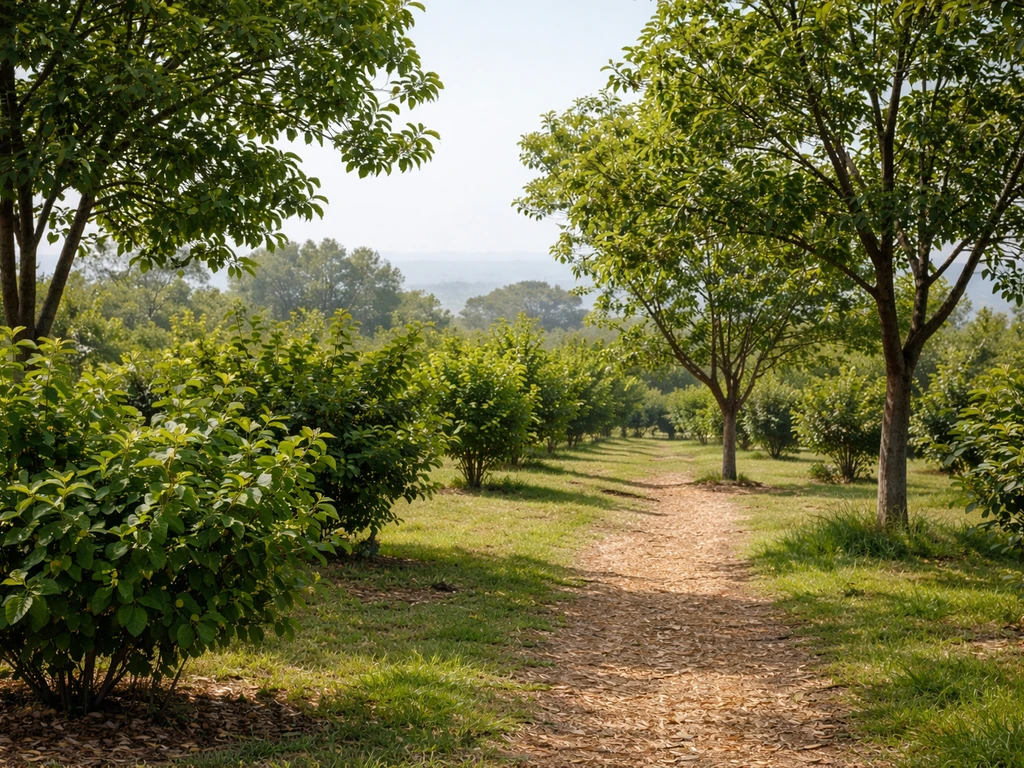 Coastal-to-temperate New Zealand nut orchard with thriving hazelnut and walnut trees under natural light.