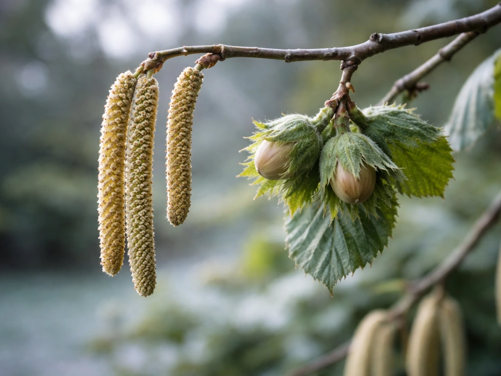 Close-up of hazelnut catkins and small developing nuts on a hardy tree branch in cool outdoor light.