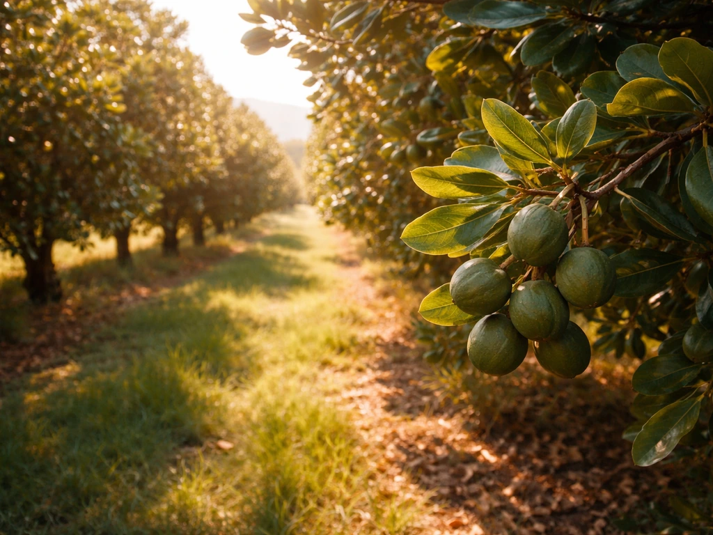 Sunlit macadamia grove with green leaves and nuts still on branches, slight sea haze in the distance.