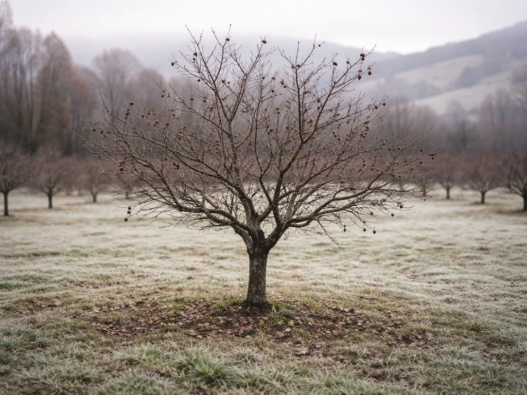 A frosty hazelnut orchard tree with dried hazelnuts on bare branches in cool southern NZ.