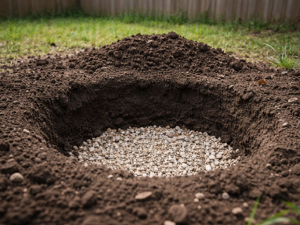 Garden planting hole with gravel drainage and amended soil mound for nut trees