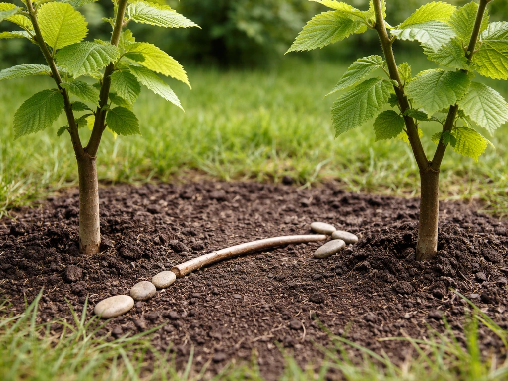 Two hazelnut saplings in a garden bed, close ground-level view suggesting nearby polliniser variety.
