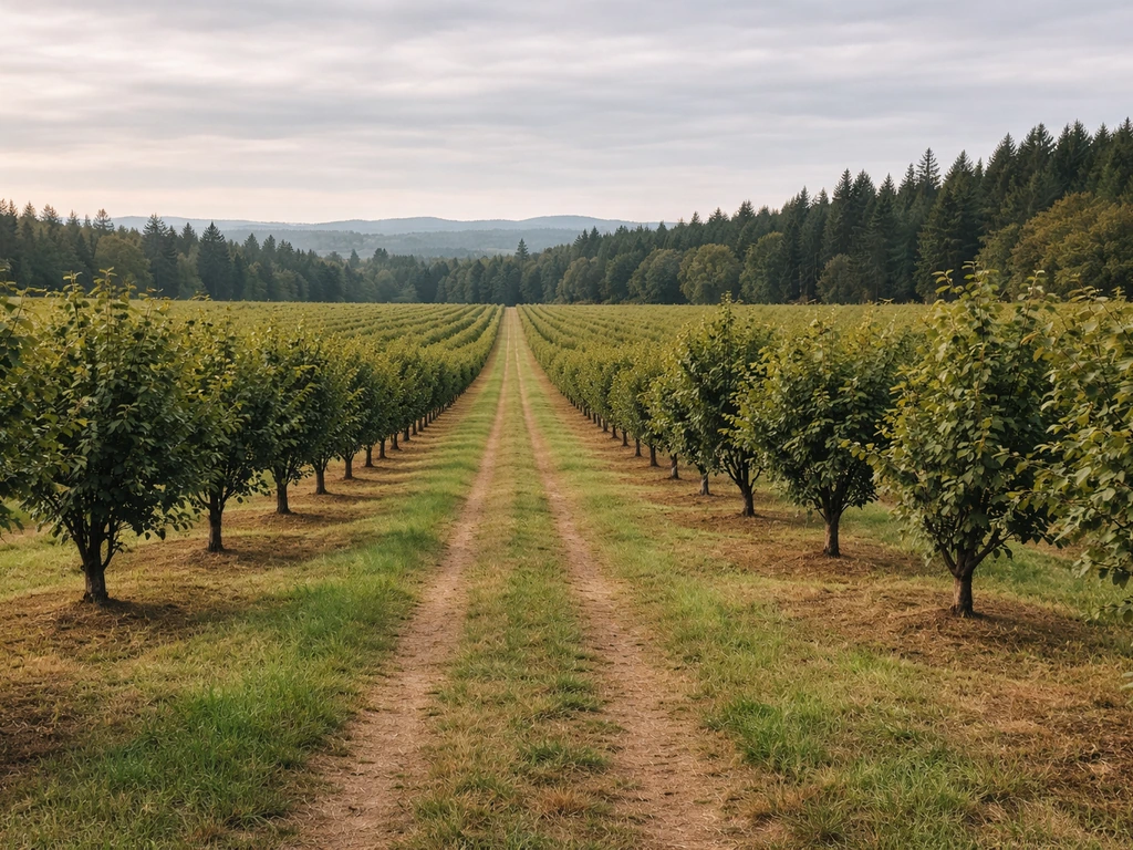 Wide view of hazelnut orchard rows in a Pacific Northwest landscape under natural morning light.