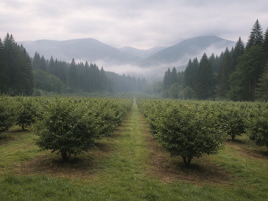 Minimal landscape showing the Pacific Northwest farm rows with soft mountains and hazelnut orchard vibe