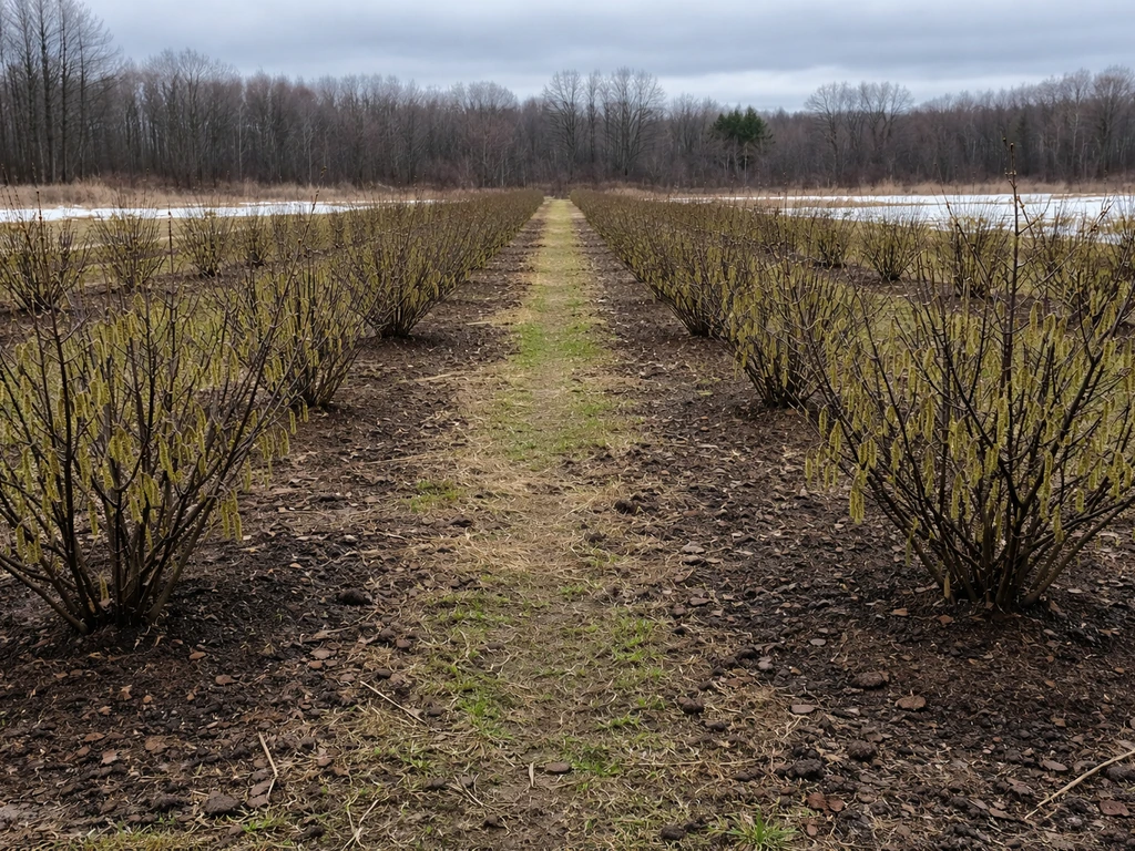 Young hazelnut bushes in damp soil with cool spring remnants of snow under a cloudy sky