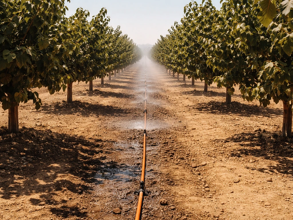 Hazelnut orchard under harsh sunlight with irrigation lines, showing dry, heat-stressed landscape