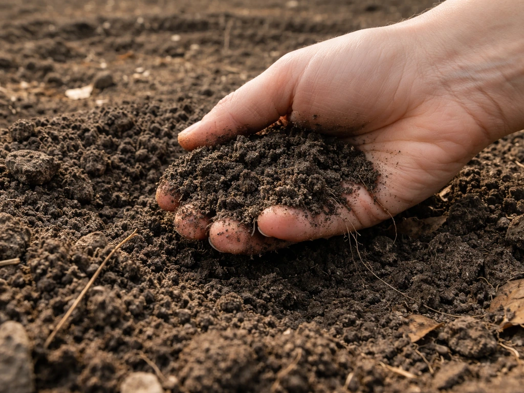 Hand inspecting moist, well-drained loamy soil in a hazelnut orchard bed