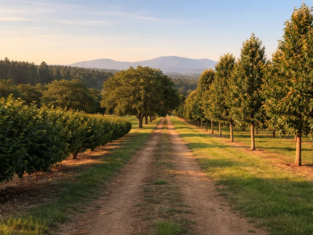 Oregon orchard with rows of hazelnut, English walnut, and chestnut trees against distant hills