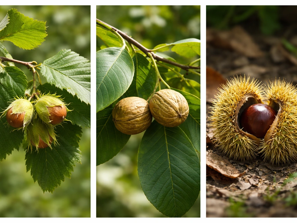 Inset photos showing hazelnuts, walnuts, and chestnuts with leaves on a simple neutral background.