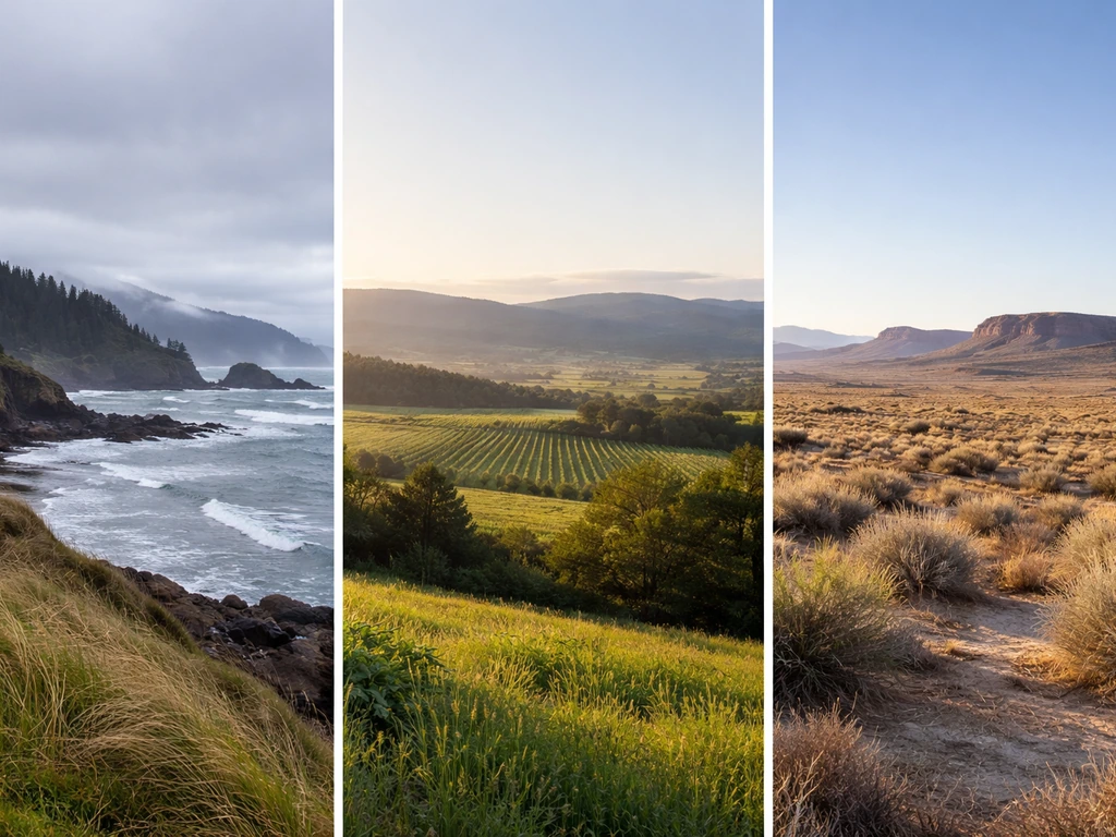 Minimal photo of Oregon coast, Willamette Valley farmland, and eastern Oregon high desert landscapes in one frame