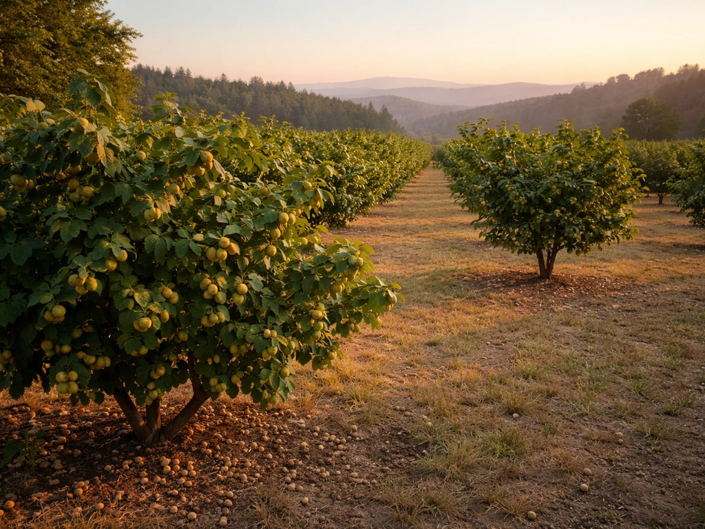 Hazelnut orchard in Oregon’s Willamette Valley with shrubs and nuts visible on branches.